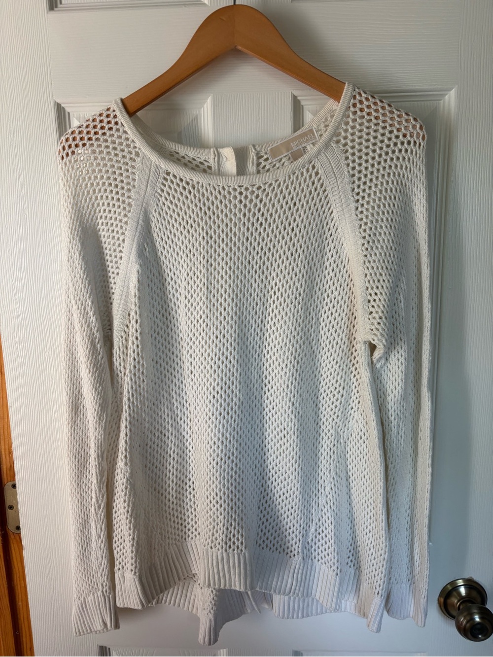 Michael Kors White Open Knit Cardigan Sweater Gold Buttons Size L